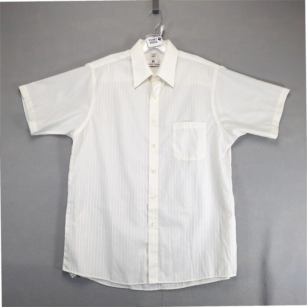 Etienne Aigner Short Sleeve‎ Ivory Dress Shirt Mens 16.5 Striped Logo Pocket Dad
